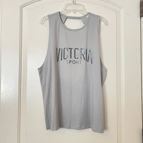 New Victoria's Secret Victoria Sport Tank Top Large Gray Glitter Logo Open Back - Picture 1 of 6